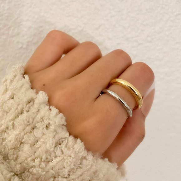 925 Sterling Silver & Gold Two Tone Layer Ring Minimalist Chunky Thick Ring - Picture 2 of 6